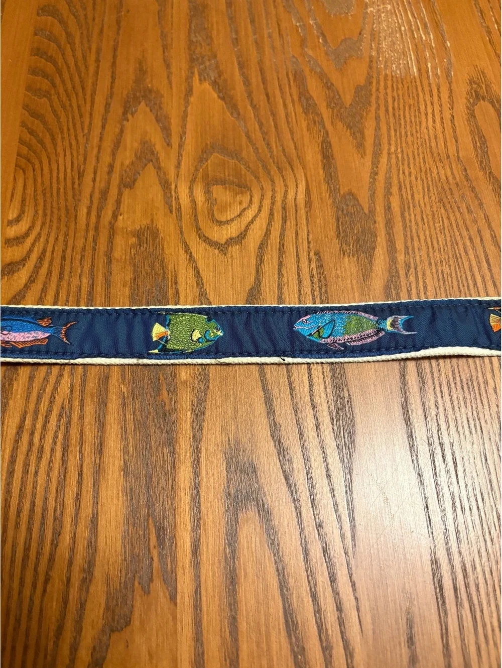 Vintage Tropical Fish Embroidered Ribbon Belt - Navy Solid Brass Buckle Size 36